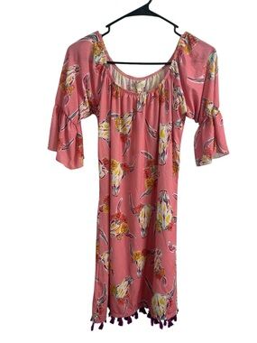 Simply Southern NWT Pink Floral Steer Skull Tassel Dress
